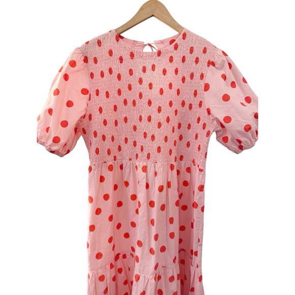 Petal & Pup Pink Tiered Polka Dot Midi Dress Smocking Feminine Flattering US 8 - Picture 4 of 8